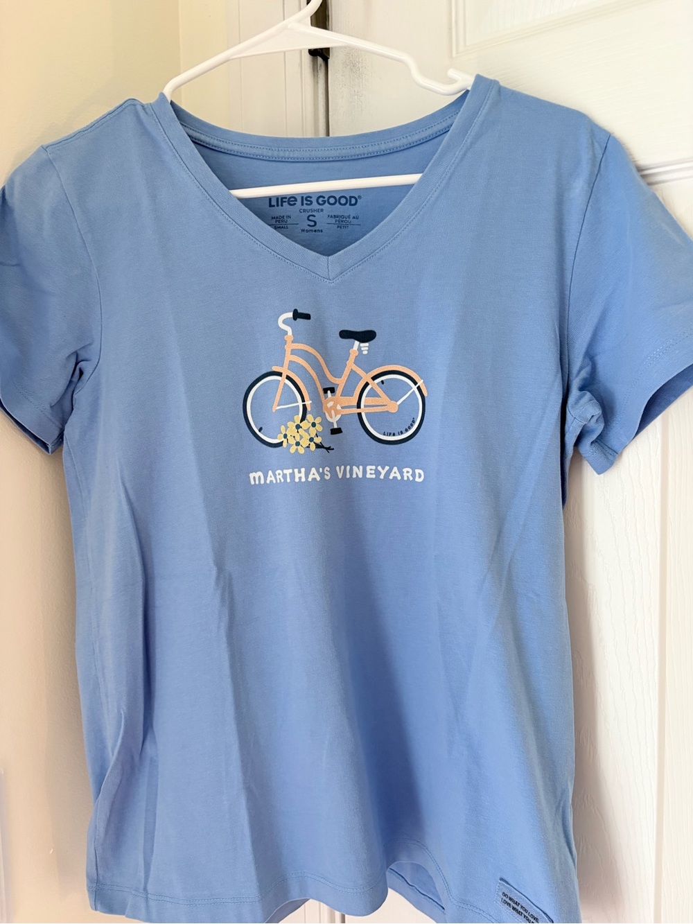 Life Is Good Light Blue V-Neck Tee with Bicycle Graphic